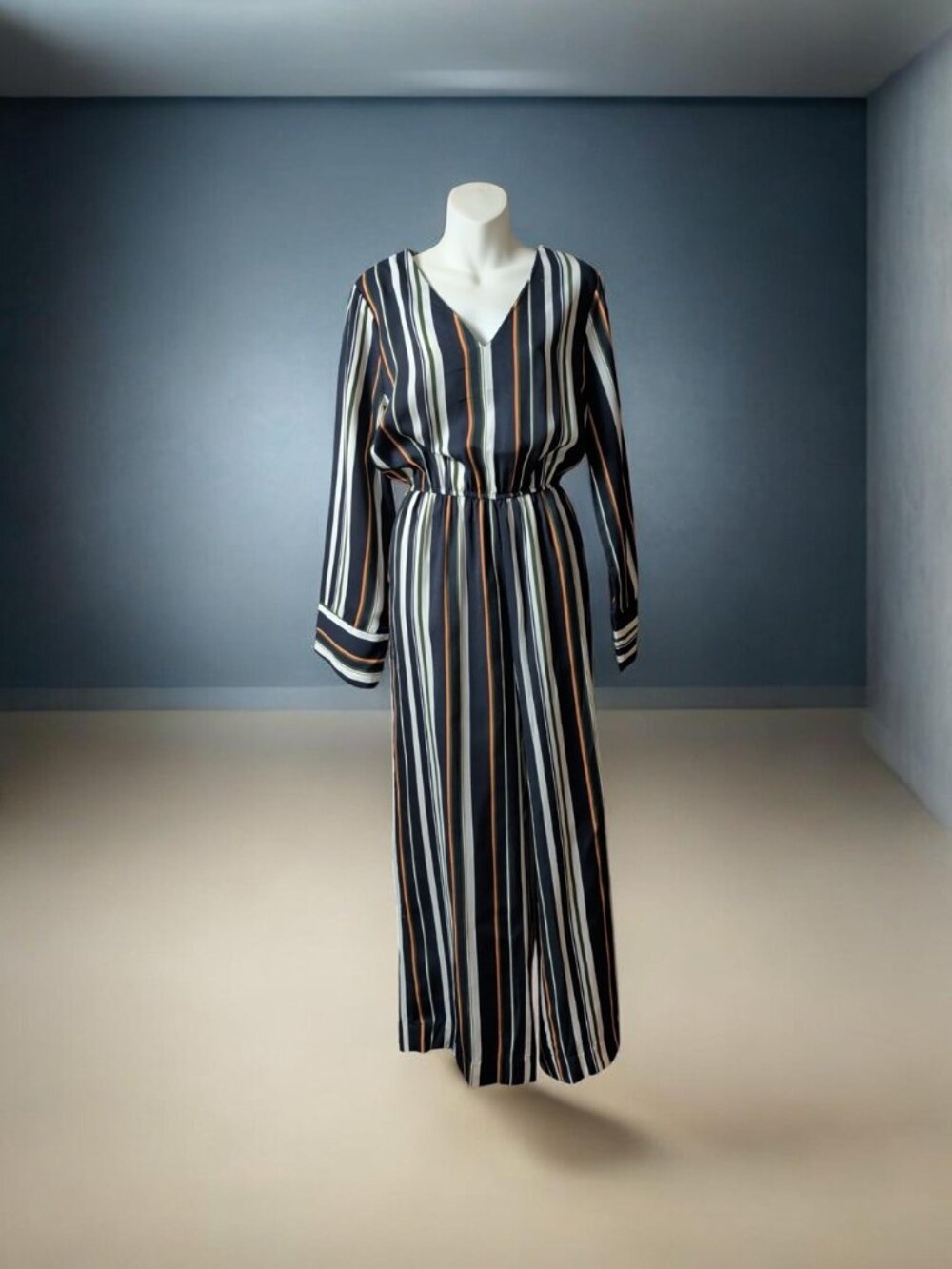 Striped V-Neck Long Sleeve Maxi Dress in Black, White & Tan